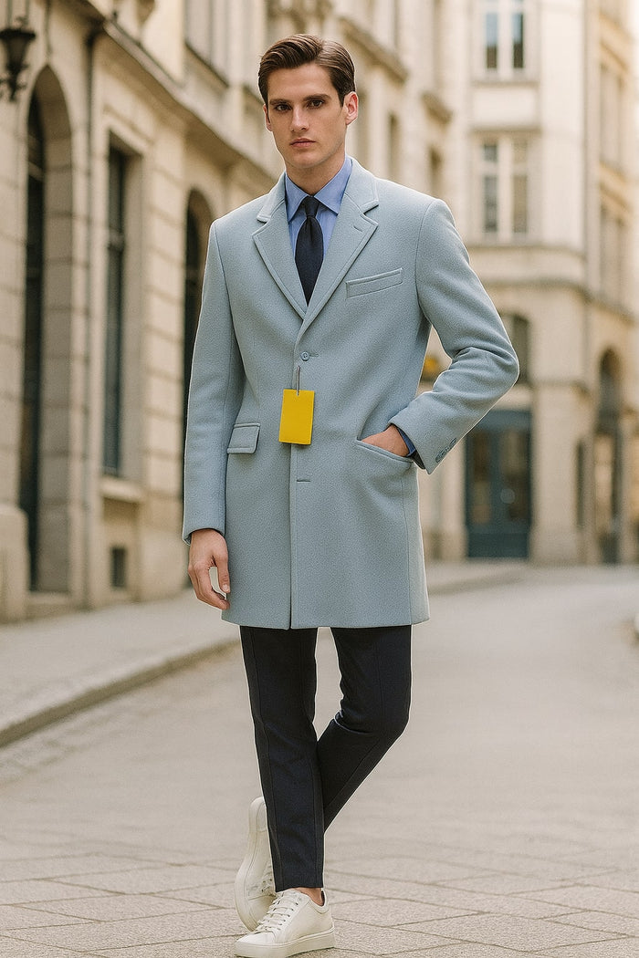 Mens Light Blue Wool Overcoat - Modern Long Coat with Classic Tailored Fit in Sky Blue by USA Men's Outlet