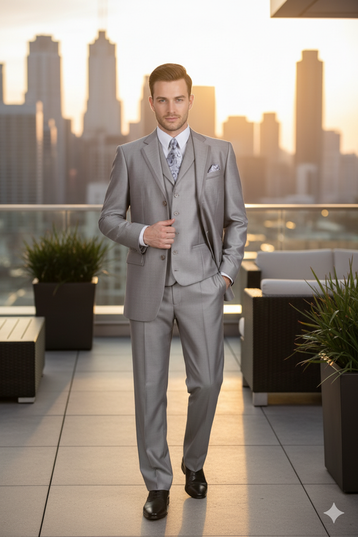 Men’s Light Gray 3-Piece Modern Fit Suit with Vest - Classic Formal Business and Wedding Attire by USA Men's Outlet