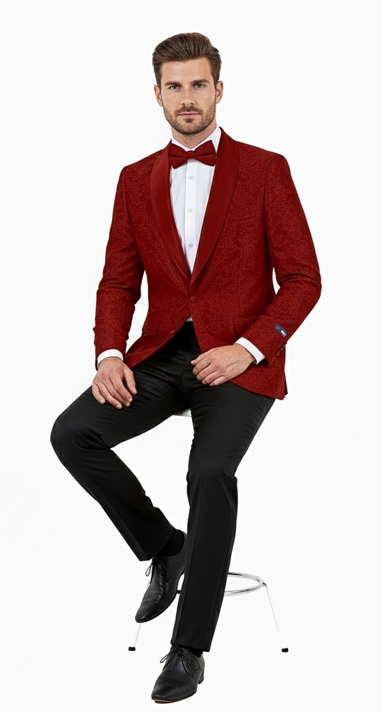 Big and Tall Men’s Burgundy Paisley Tuxedo Jacket - Satin Shawl Lapel Blazer with Bow Tie for Weddings, Proms, and Special Events by USA Men's Outlet