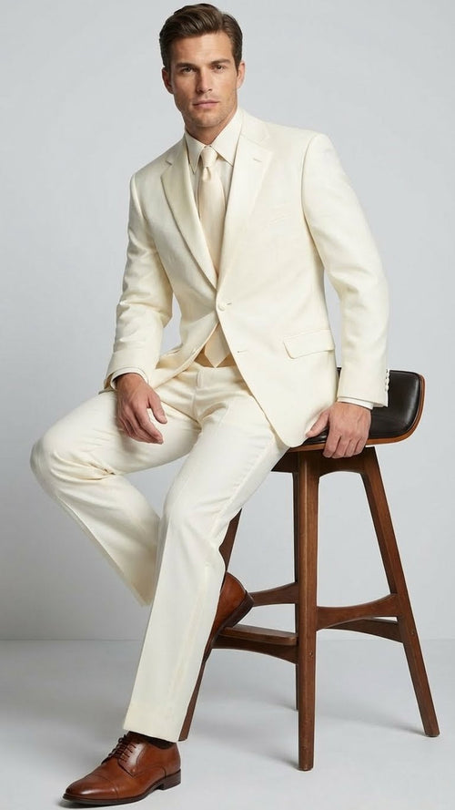 Men’s Ivory Tuxedo Suit with Satin Notch Lapel - Formal Wedding and Evening Wear Suit in Cream Off White Color by USA Men's Outlet