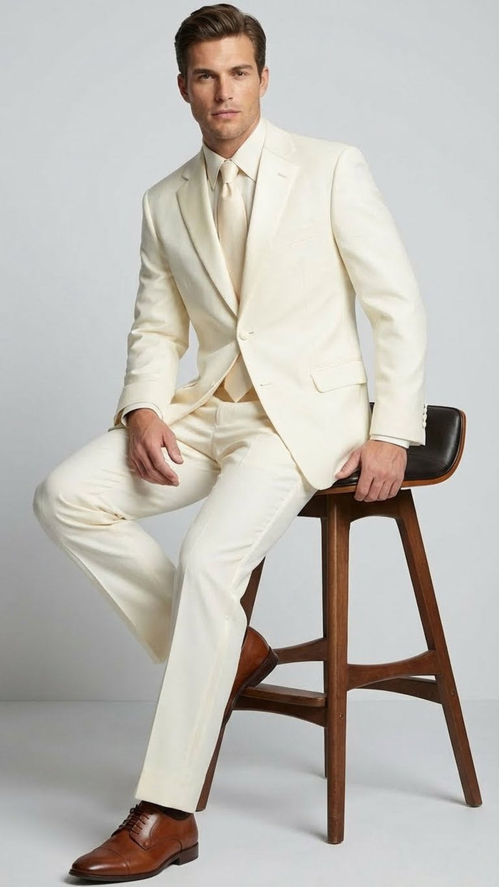 Men’s Ivory Tuxedo Suit with Satin Notch Lapel - Formal Wedding and Evening Wear Suit in Cream Off White Color by USA Men's Outlet