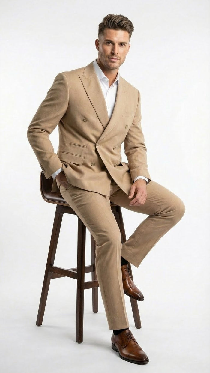 Vitali Brand Men’s Beige Double Breasted Suit - Classic Wedding, Prom & Party Wear Formal Outfit Khaki Camel Color USA Men's Outlet