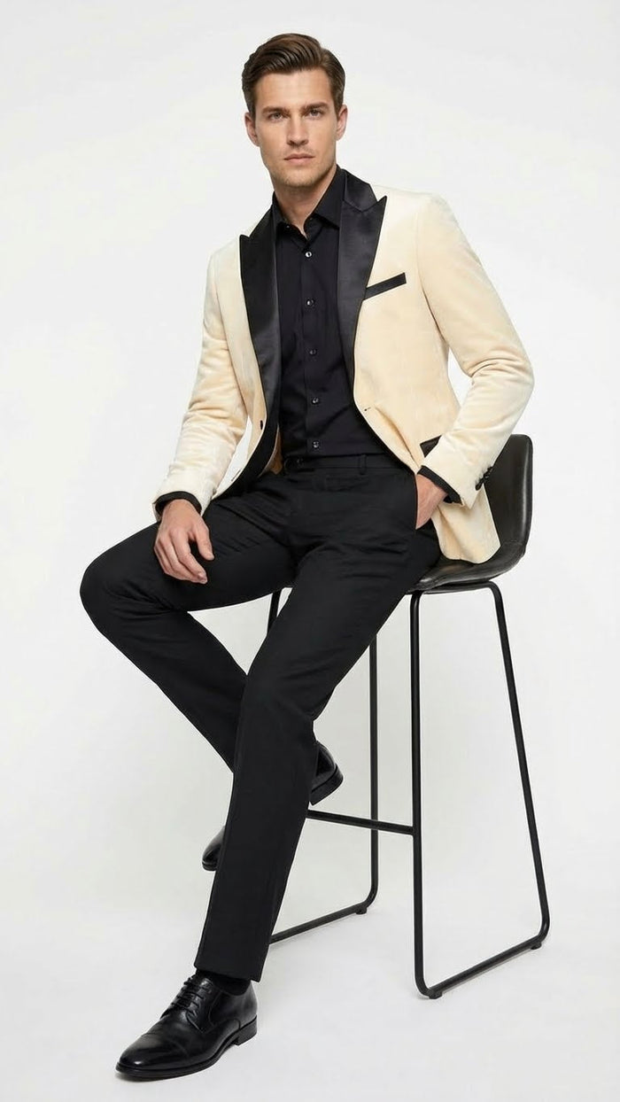 Men’s Ivory Dinner Jacket - Cream Velvet Blazer with Black Satin Lapel - Wedding and Party Formal Sport Coat in off white USA Men's Outlet