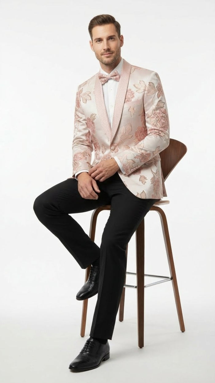 Men’s Pink Blush Floral Jacquard Blazer with Embellished Shawl Lapel - Luxury Party and Wedding Wear Jacket by USA Men's Outlet