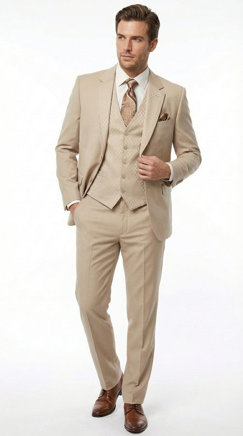 Men’s Tan Beige 3 Piece Tuxedo Suit – Beige Formal Suit Set with Vest, Patterned Lapel and Tie for Wedding, Prom in Tan Khaki Color