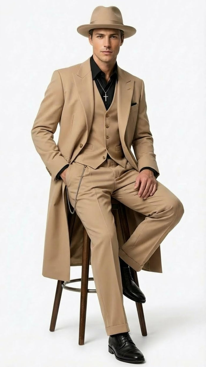 Men’s 1920s Beige Zoot Suit - Long Mafia Gangster Three-Piece Suit in Tan Khaki Color 40 inch Zuit Pachuco Suit by USA Men's Outlet