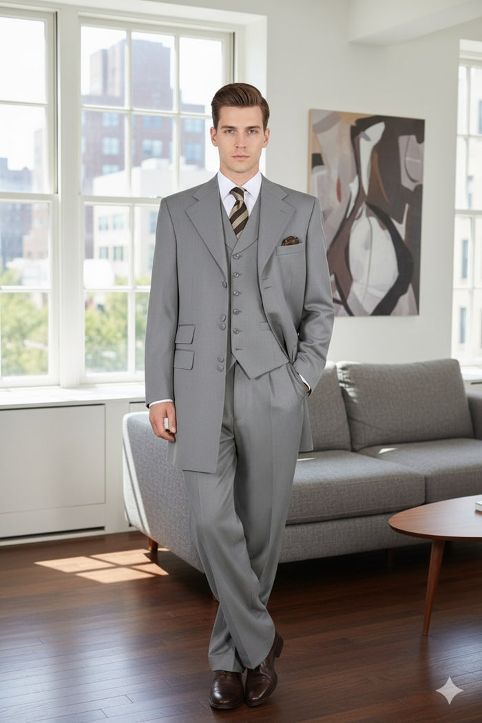 Mens Zoot Suit - Light Gray 3-Piece Suit with Vest - Classic Business and Wedding Formal Wear - 1920s Fashion by USA Men's Outlet