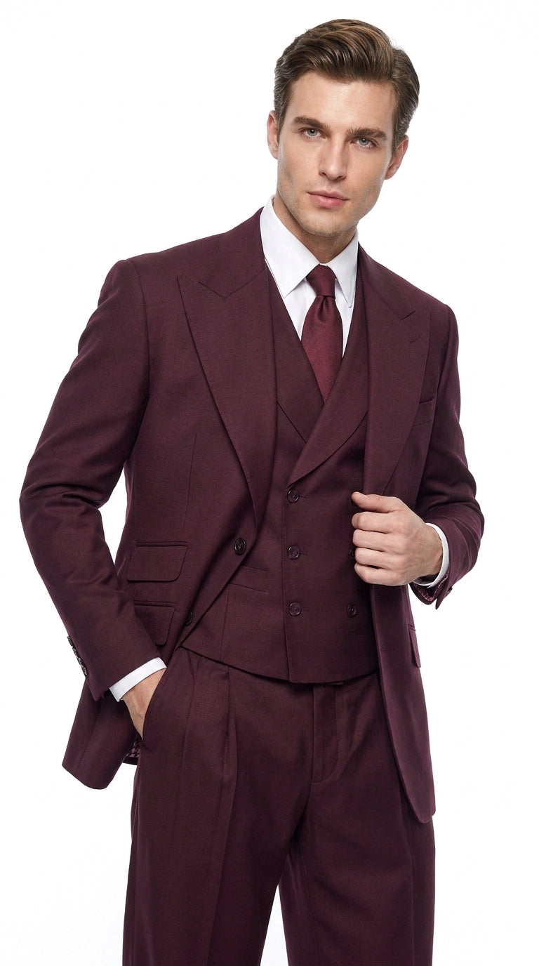 Tiglio Rosso Men’s Burgundy Wool Suit – Classic Fit Big Lapel Suit with Wide Leg Pleated Pants & Side Vents