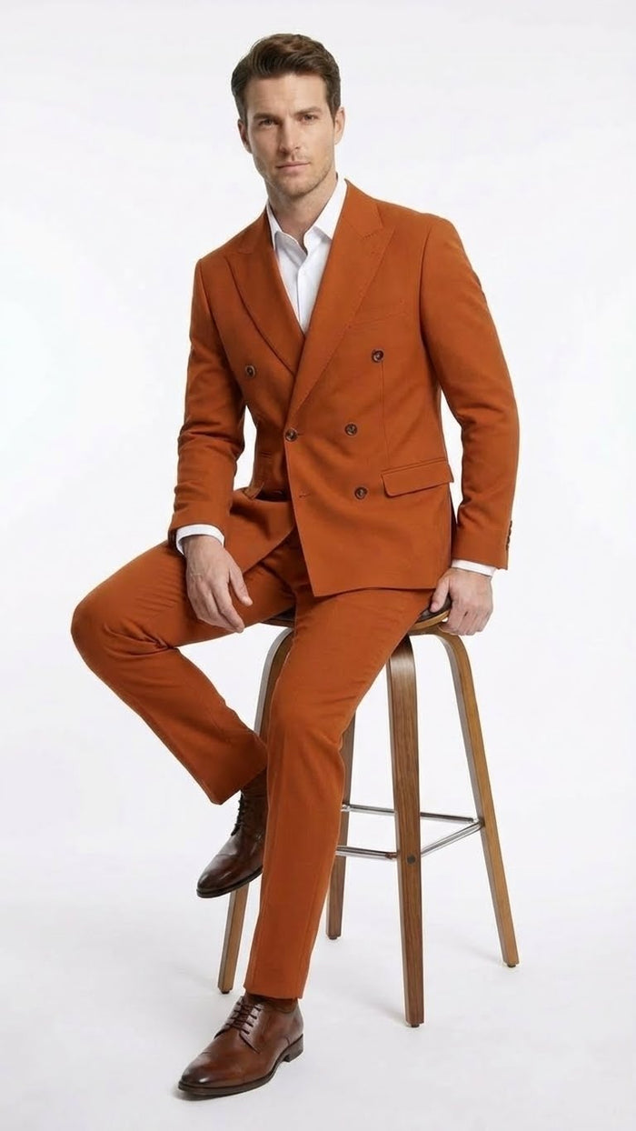 Vitali Brand Men’s Burnt Orange Double Breasted Suit - in Rust Brick Copper Color USA Men's Outlet