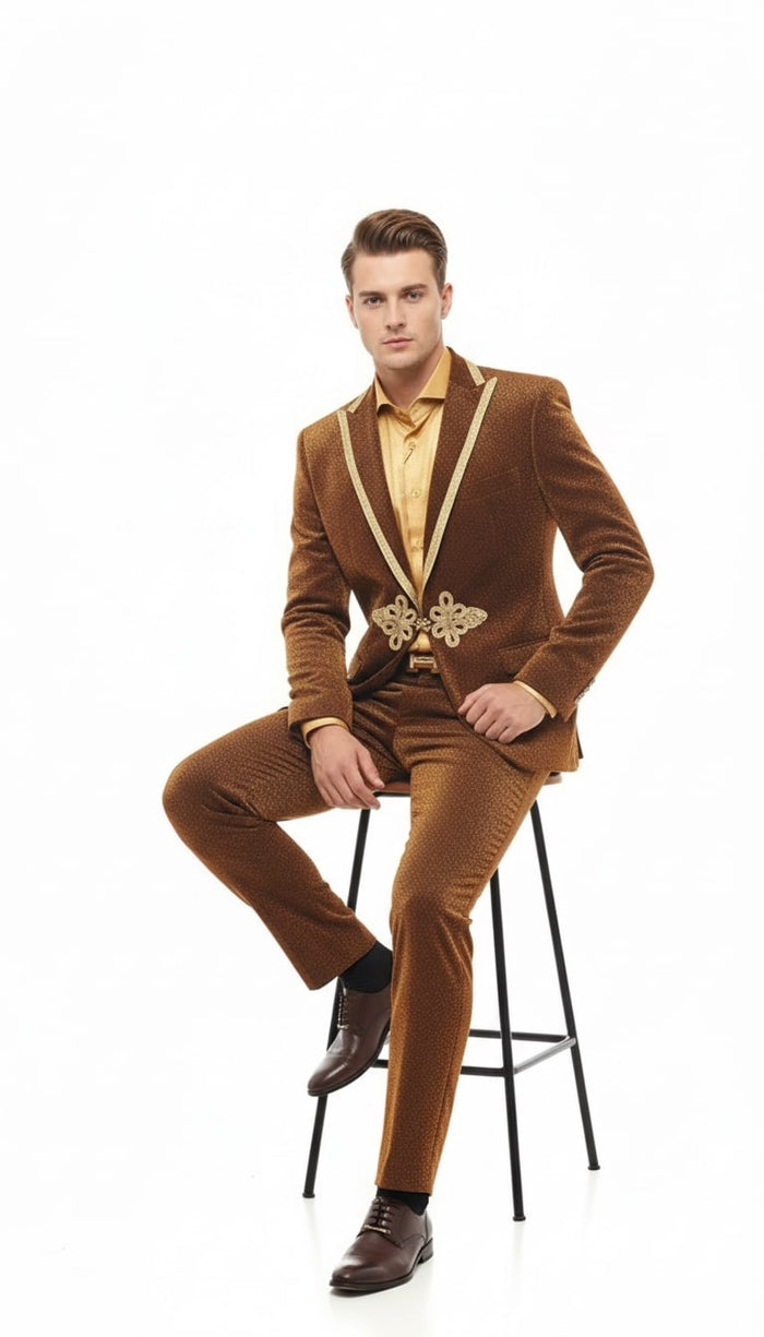 Mens Bronze Shiny Velvet Suit - Designer Party and Wedding Wear Blazer and Pant Set Brown and Gold Tuxedo by USA Men's Outlet