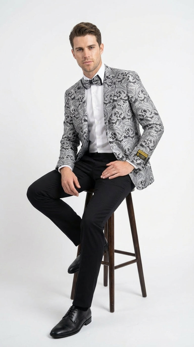 Men’s Silver and Black Paisley Prom Blazer Jacket | Printed Formal Evening Tuxedo Blazer + Free Matching Bow Tie