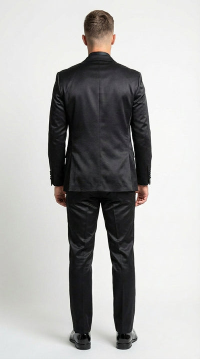 Men’s All Shiny Black Satin Suit – Black Satin Tuxedo Suit for Prom, Wedding, Formal Party and Evening Events Double breasted Vest