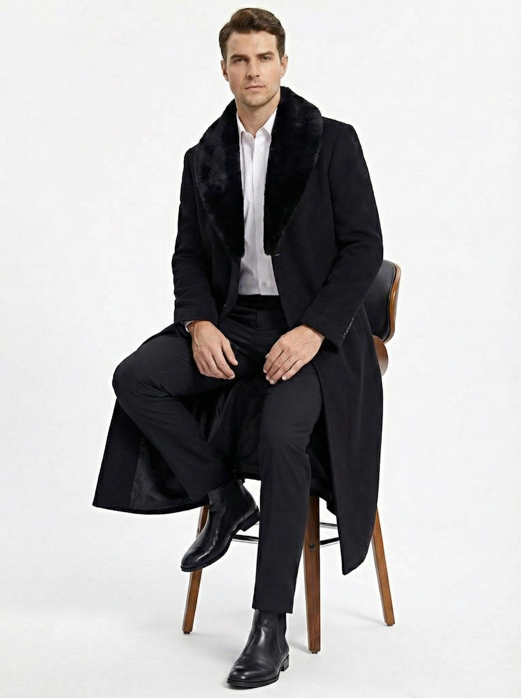 Men’s Black Long Overcoat with Faux Fur Collar, Full Length Winter Topcoat for Formal and Business Wear