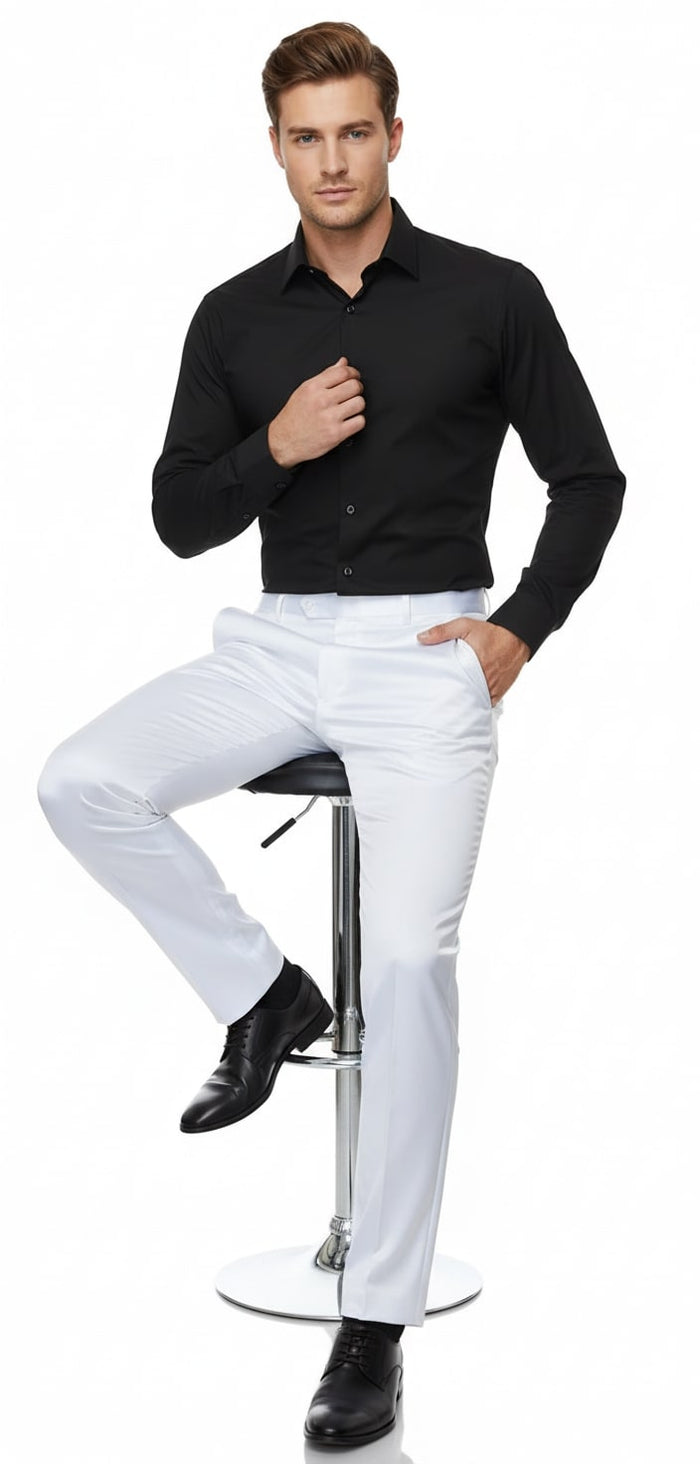 Mens White Satin Slim Fit Dress Pants - Shiny Formal Party and Wedding Trousers by USA Men's Outlet