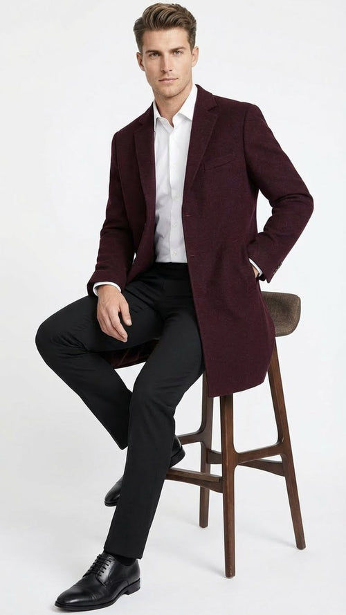 Men’s Burgundy Mid-Length Overcoat – Classic Fit Wool Blend Dress Coat Three Quarter Carcoat Topcoat