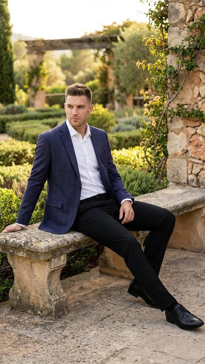 Men’s Big and Tall Navy Blue with Burgundy Plaid Jacket and Sport Coat - Wool Blazer by USA Men's Outlet