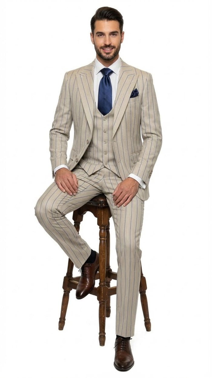 Men's Beige with blue Pinstripe Three-Piece Suit with Vest by Rossiman Vested Peak Lapel in Tan Stripe 1920s style by USA Men's Outlet