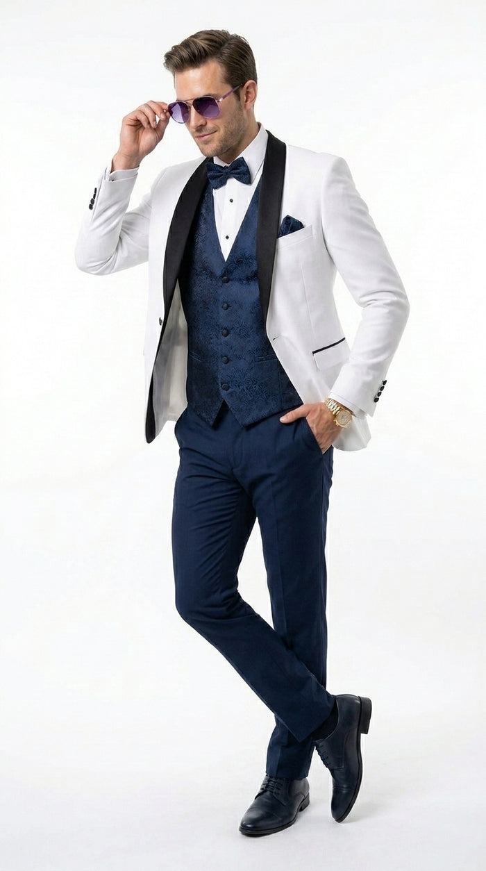 Men’s White and Navy Blue Tuxedo Wedding Suit with Blazer, Vest, Pants and Bow Tie, Formal Groom Suit