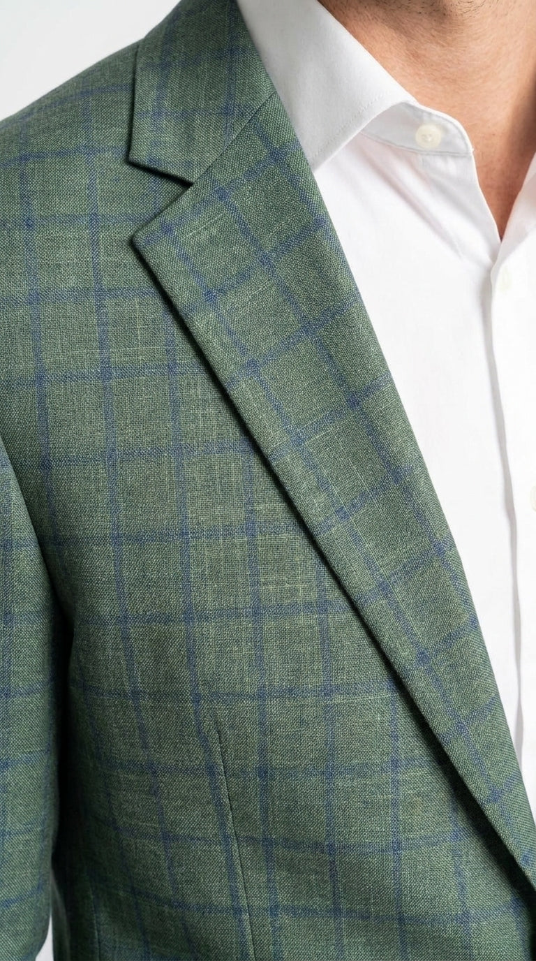 Men’s Tartan olive Green with blue checker Windowpane 2-Piece Suit – Modern Fit Plaid, Business and Formal Suit english styl