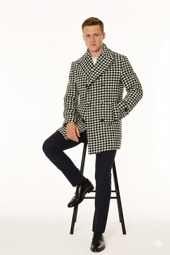 Mens Houndstooth Double-Breasted Overcoats - Classic Black and White Wool Blend Peacoat Wool Fabric by USA Men's Outlet