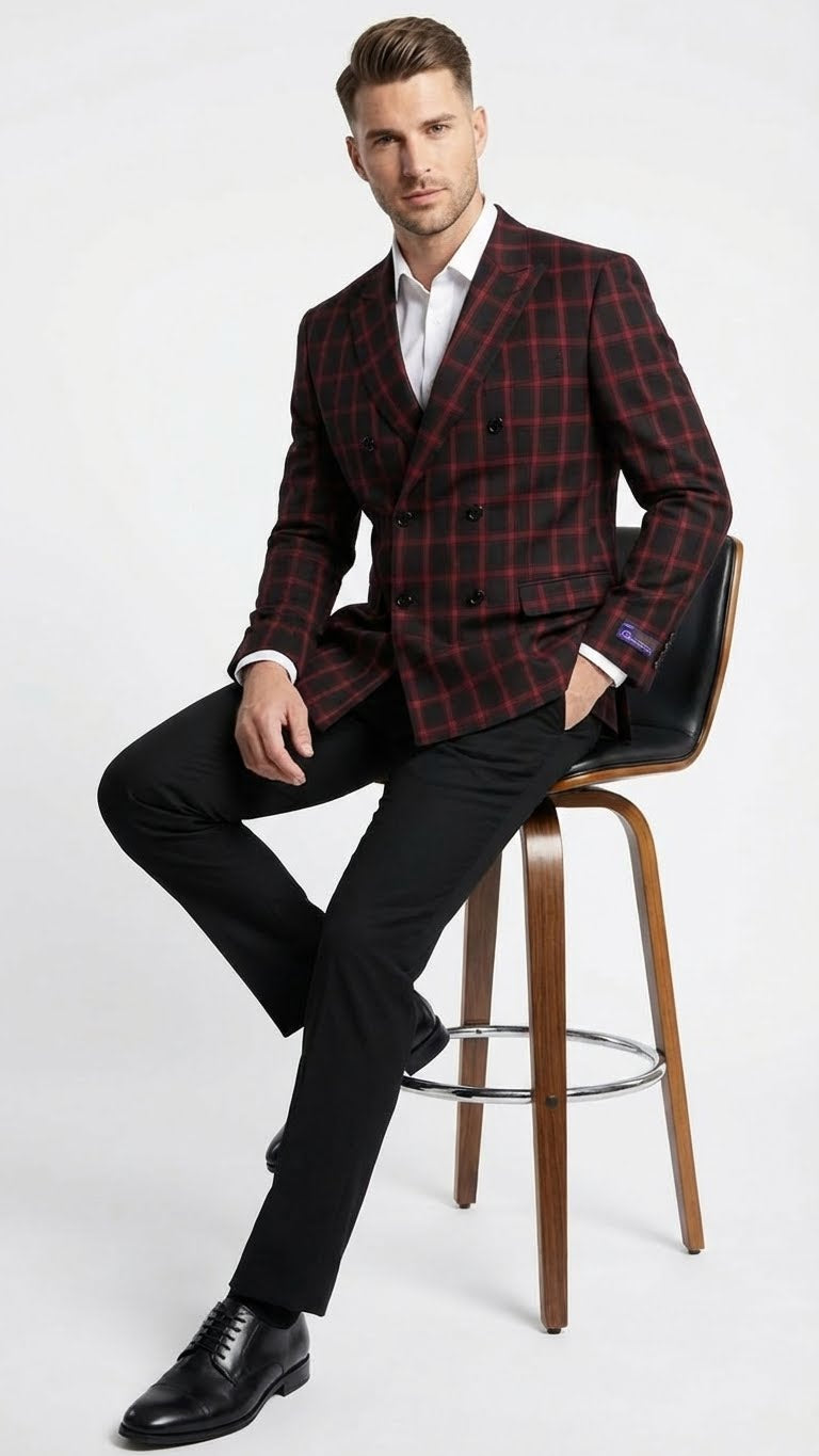 Men’s Black and Red Check Double Breasted Blazer - Sport Coat Jacket Windowpane Sportcoat Slim Fit by USA Men's Outlet