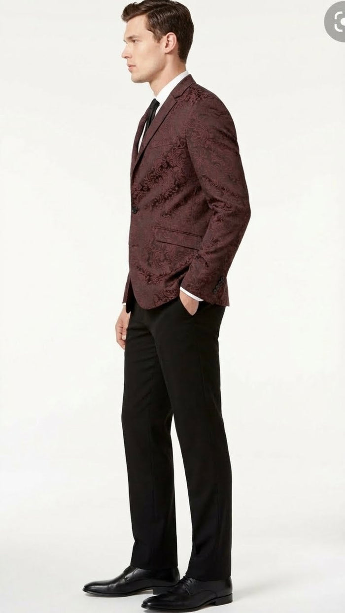 Men’s Burgundy Paisley Blazer Sport Coat - Velvet Dinner Jacket floral in Maroon Wine Color Ultra Slim Fit Smoking Jacket by USA Men's Outlet