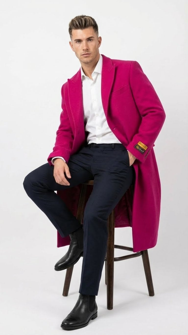 Men’s Hot Pink Wool Blend Overcoat - Topcoat Carcoat Winter Fabric by USA Men's Outlet