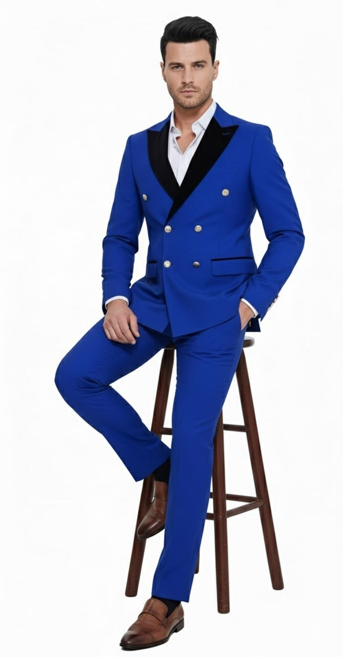 Mens Royal Blue Double-Breasted Tuxedo Suit - Modern Slim Fit Formal Wedding and Prom Outfit with Black Satin Lapel by USA Men's Outlet
