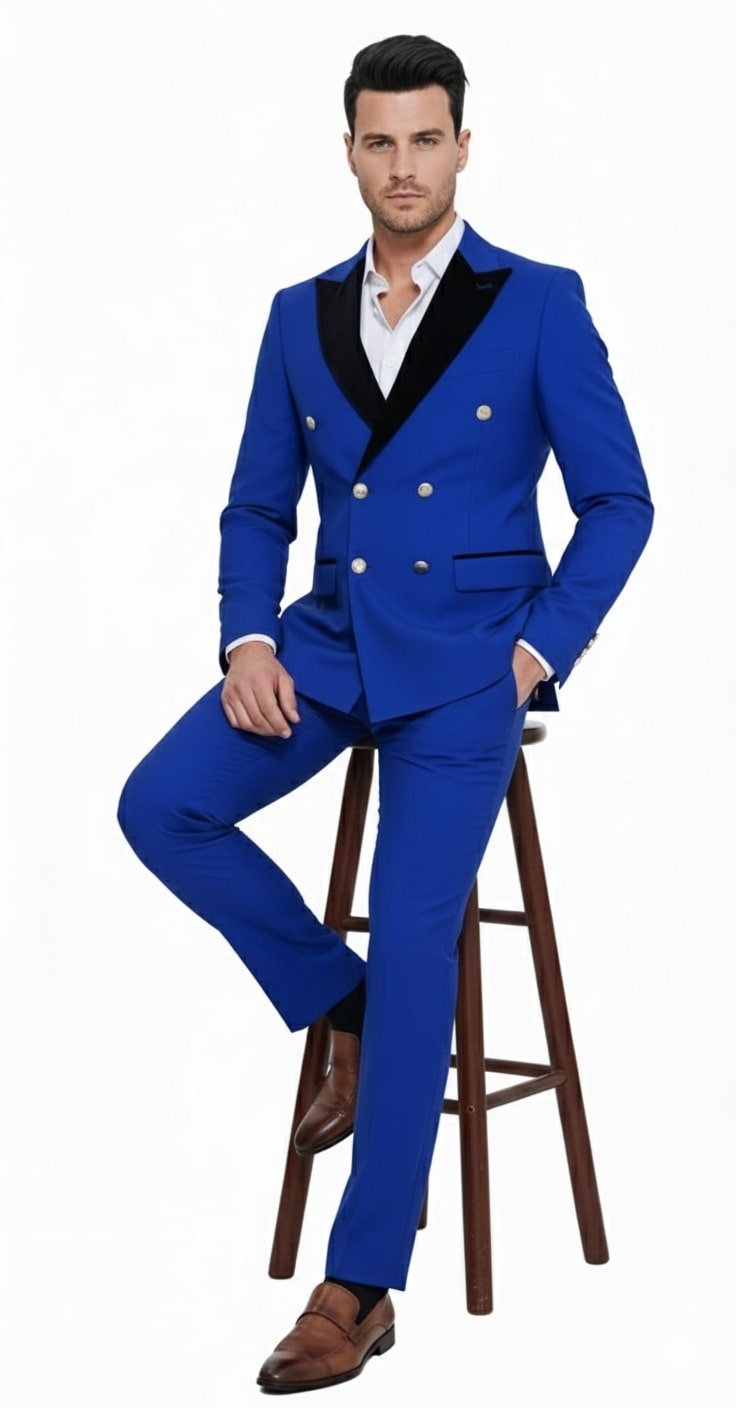Mens Royal Blue Double-Breasted Tuxedo Suit - Modern Slim Fit Formal Wedding and Prom Outfit with Black Satin Lapel by USA Men's Outlet