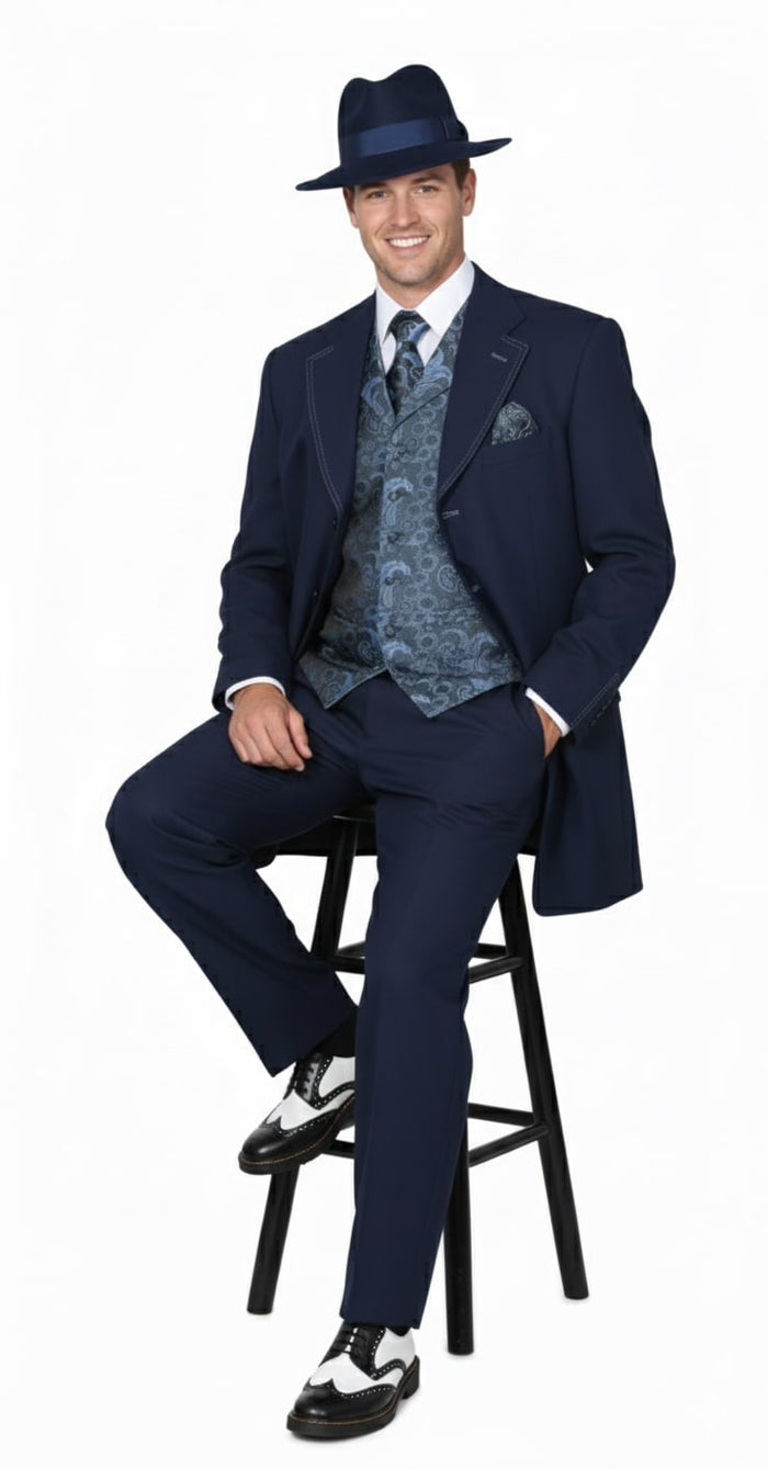 Mens 1920s Navy Blue Zoot Suit - Vintage Gangster 3-Piece Long Jacket Suit Classic Fit Pleated Pants by USA Men's Outlet