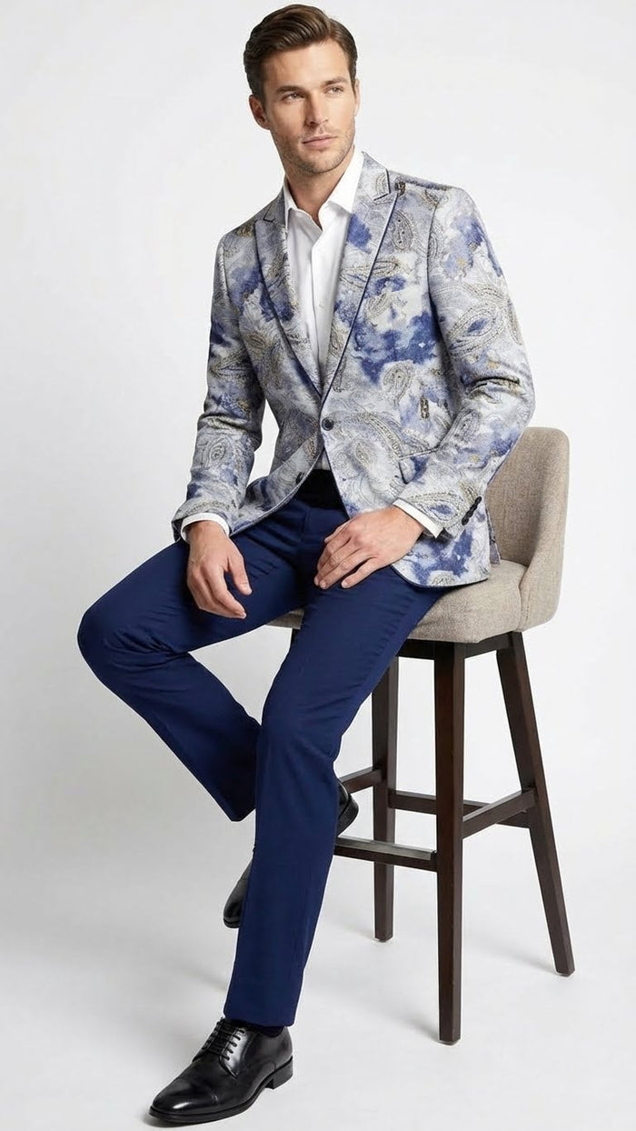 Men’s Navy Blue and Gray Paisley Print Blazer - Prom Jacket for Formal, Party, and Evening Wear by USA Men's Outlet