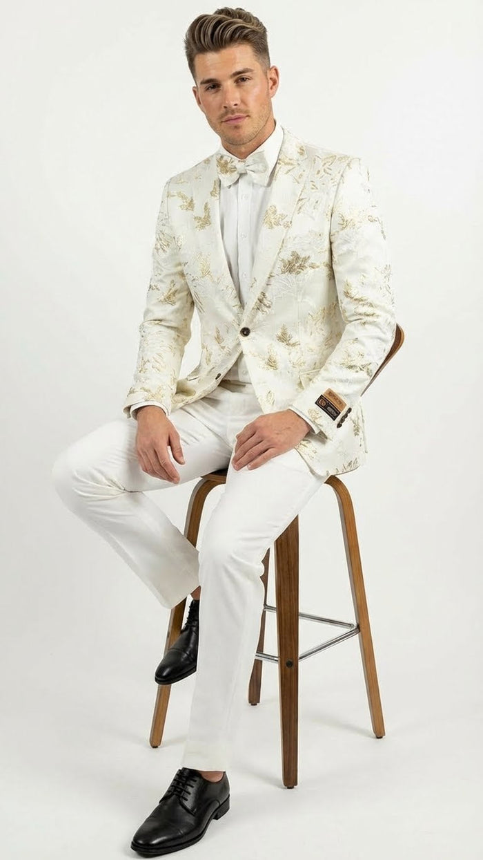 Men’s White and Gold Patterned Blazer - Paisley Floral Pattern Prom Wedding Suit Tuxedo Dinner Jacket + Bowtie by USA Men's Outlet
