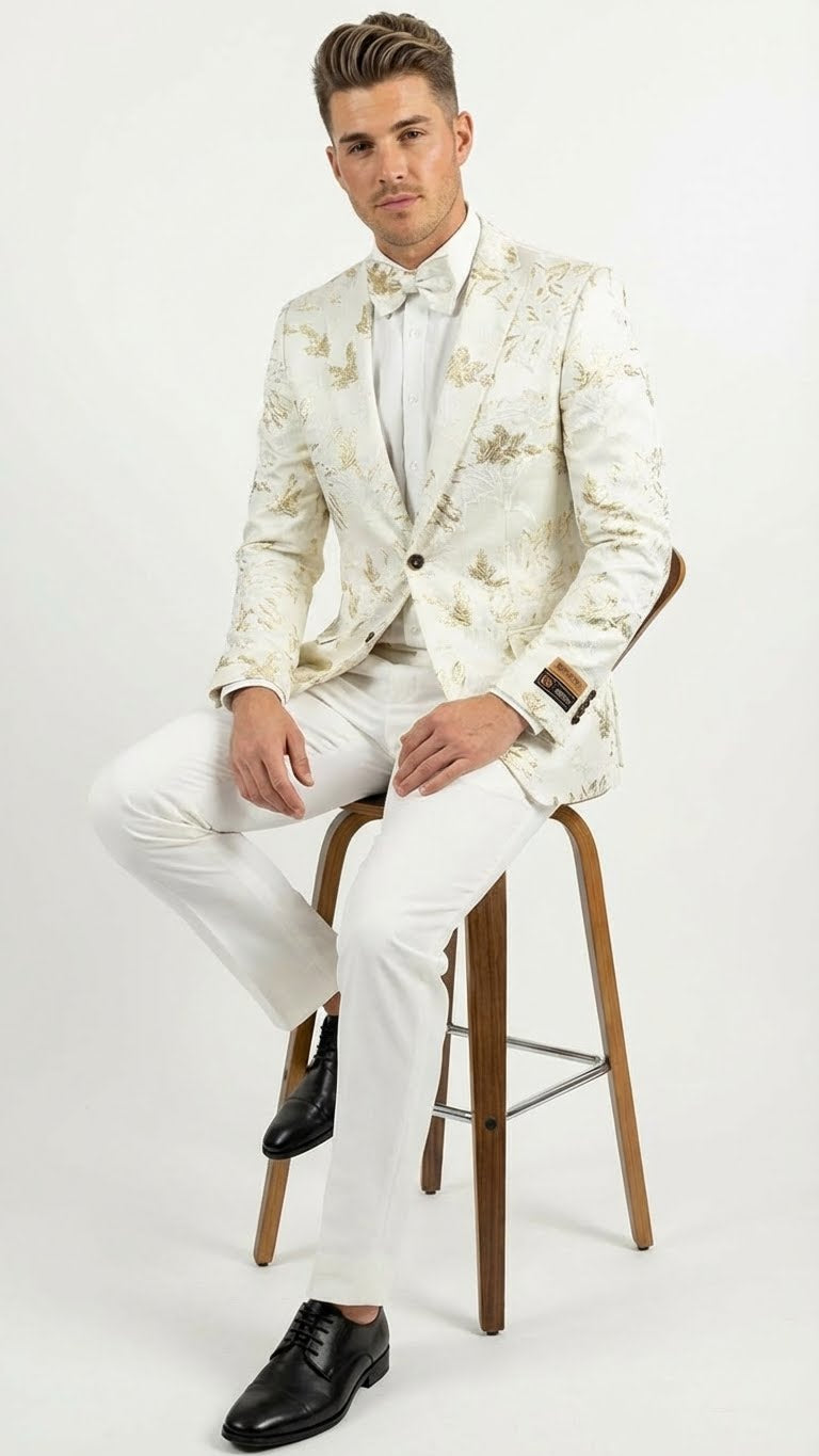 Men’s White and Gold Patterned Blazer - Paisley Floral Pattern Prom Wedding Suit Tuxedo Dinner Jacket + Bowtie by USA Men's Outlet