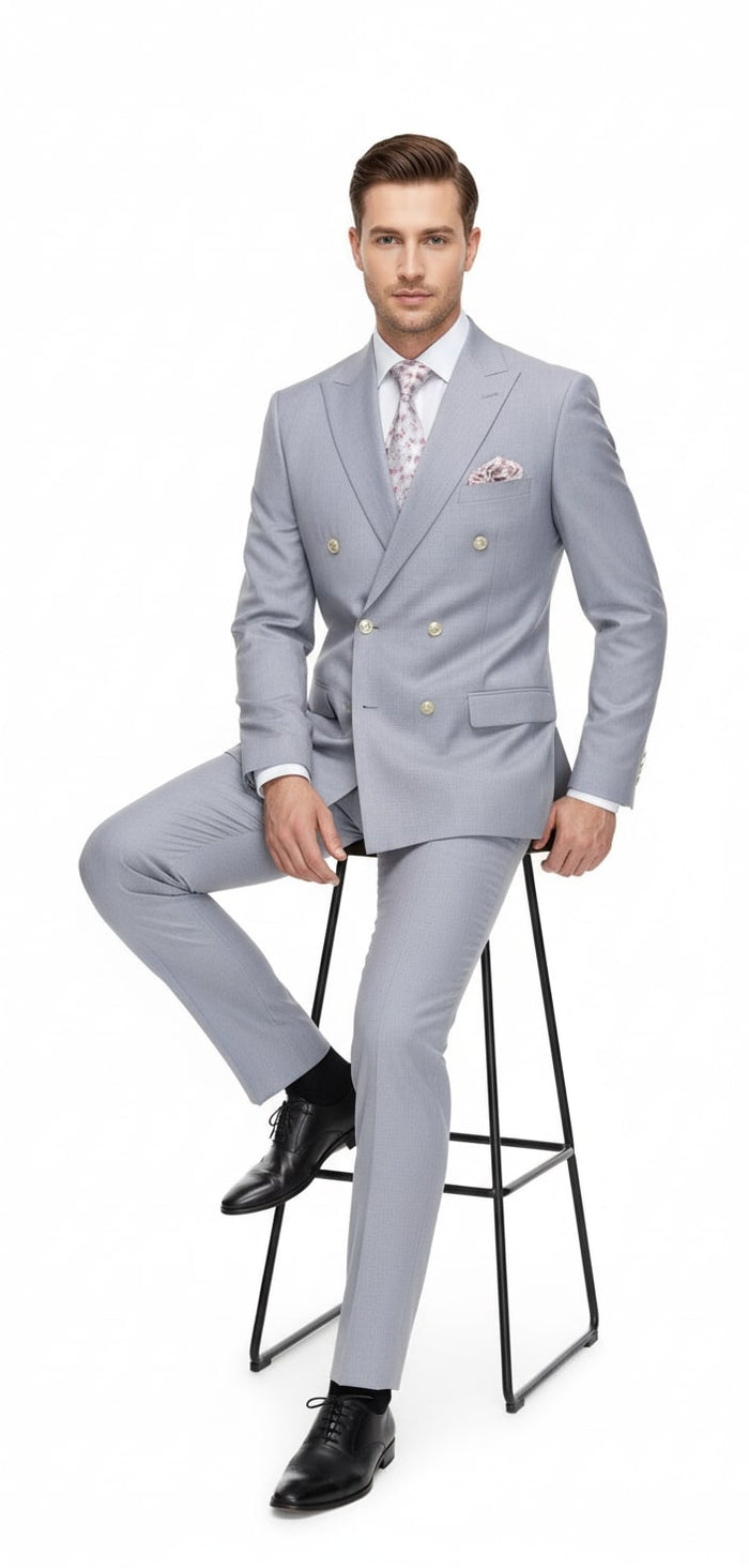 Mens Silver Grey Double-Breasted 3-Piece Suit - Classic Tailored Fit with Peak Lapel and Gold Buttons for Weddings, Church and Formal Events by USA Men's Outlet