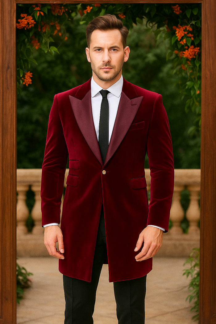 Men’s Burgundy Tuxedo in Velvet Long Blazer - Victorian Cutaway Tuxedo Suit 1920s Gangster Style Long Jacket with Black Pants by USA Men's Outlet