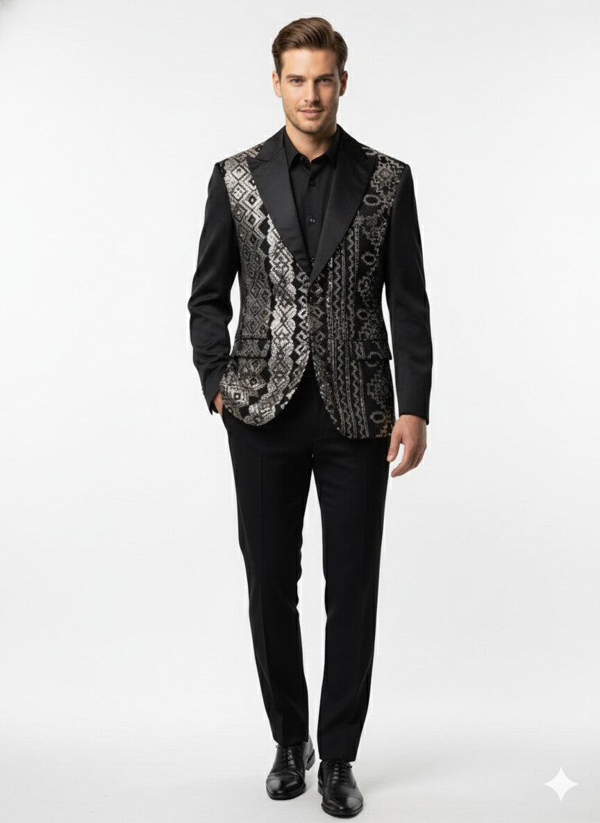 Mens Black and White and Silver Sequin Embroidered Blazer – Luxury Designer Party Wear with Geometric Detailing