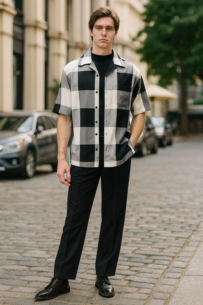 Mens Black and White Checkered Short Sleeve Shirt Set - Casual Two-Piece Summer Outfit by USA Men's Outlet