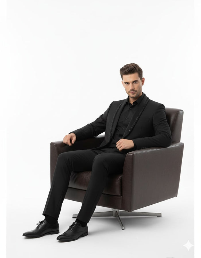 Mens Classic Black Designer Blazer with Beaded Lapel - Elegant Formal and Party Wear Dinner Jacket For Groom by USA Men's Outlet