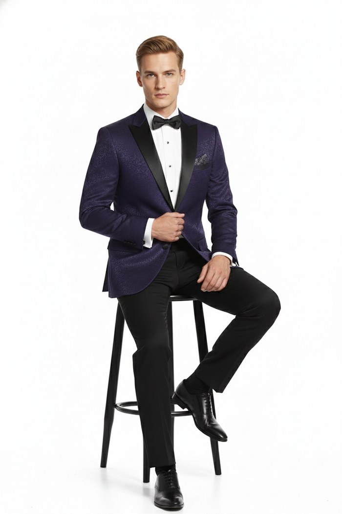 Men’s Purple Paisley Tuxedo Jacket - Ultra Slim Fit Dinner Blazer with Black Satin Peak Lapel by USA Men's Outlet