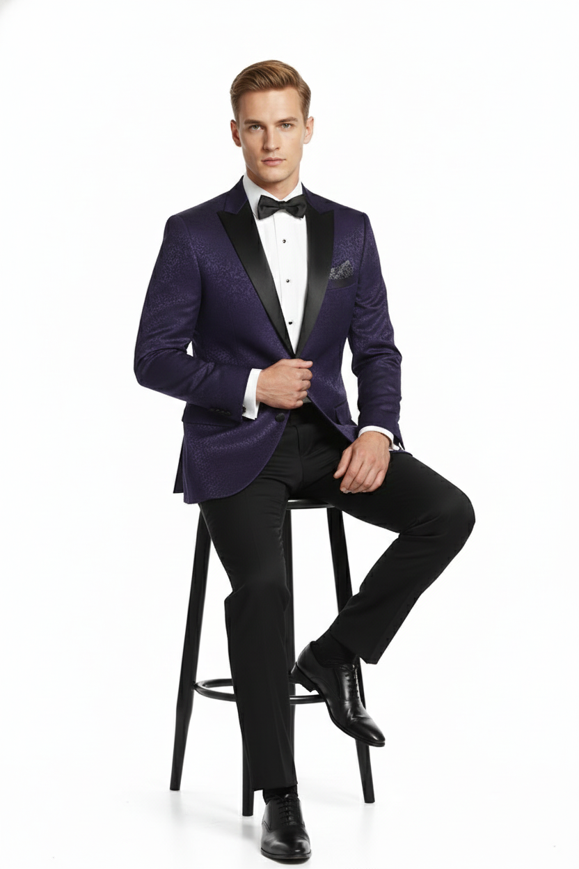 Men’s Purple Paisley Tuxedo Jacket - Ultra Slim Fit Dinner Blazer with Black Satin Peak Lapel by USA Men's Outlet