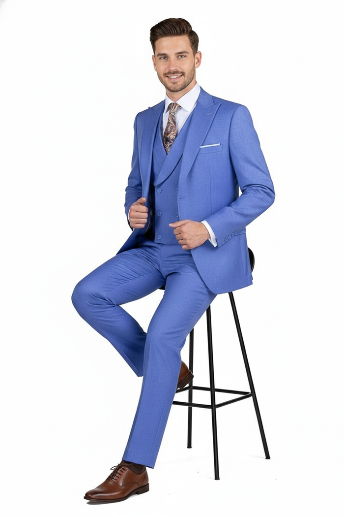 Men’s Light Blue Double-Breasted 3-Piece Suit Set - Tailored Fit Formal Business Suit in Steel Blue Sky Blue Color by USA Men's Outlet