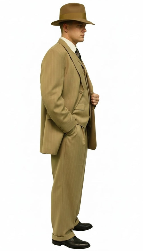 Mens Tan Pinstripe Three Button Suit – 1920s Gangster Vintage 3-Piece Suit with Wide-Leg Pants and Fedora Style in Beige Color