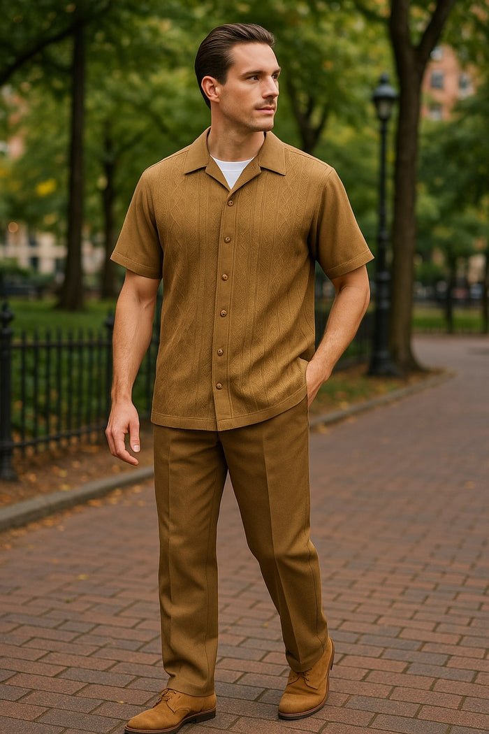Mens Mocha Brown Short Sleeve Knit Walking Suit - Two-Piece Casual Button Down Set in Taupe Coffee Color USA Men's Outlet