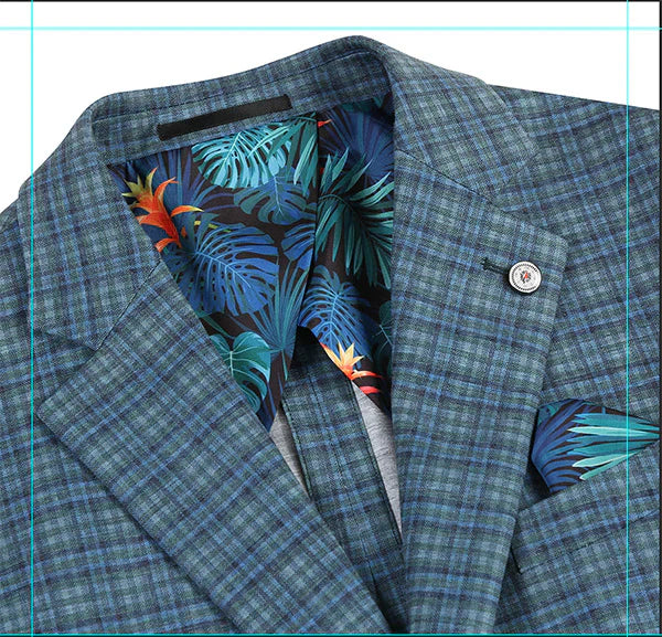 Half Canvas Slim Fit Blazer in Green Blue Check by Pellagio