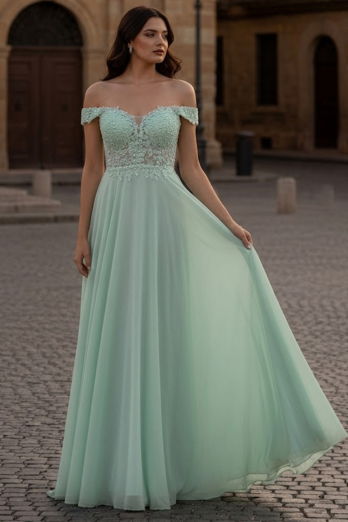 May Queen MQ1602 Off Shoulder Corset Flowy Prom Gown