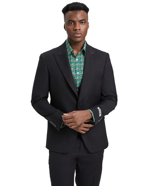 Stacy Adams Men’s Premium Black Modern Fit Three Piece One Button Peak Lapel Suit