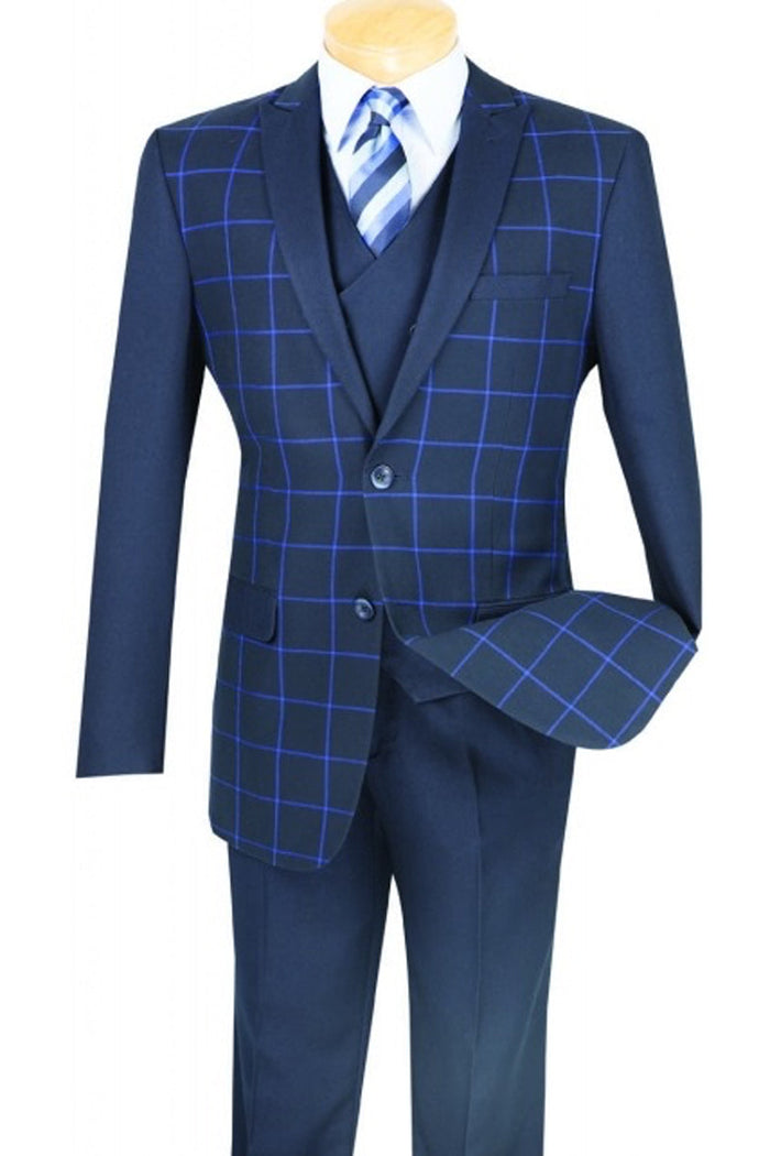 Mens 2 button Windowpane Blazer with Solid Sleeves in Grey by Vinci