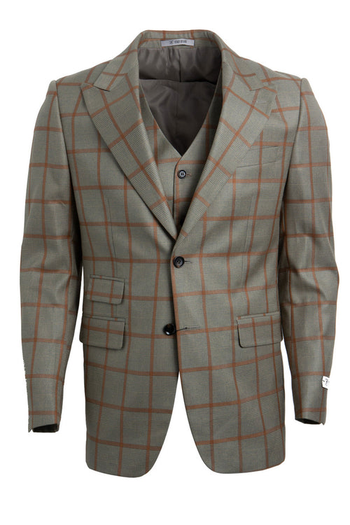 Men's Tan & Gold Windowpane Vested Suit by Stacy Adams