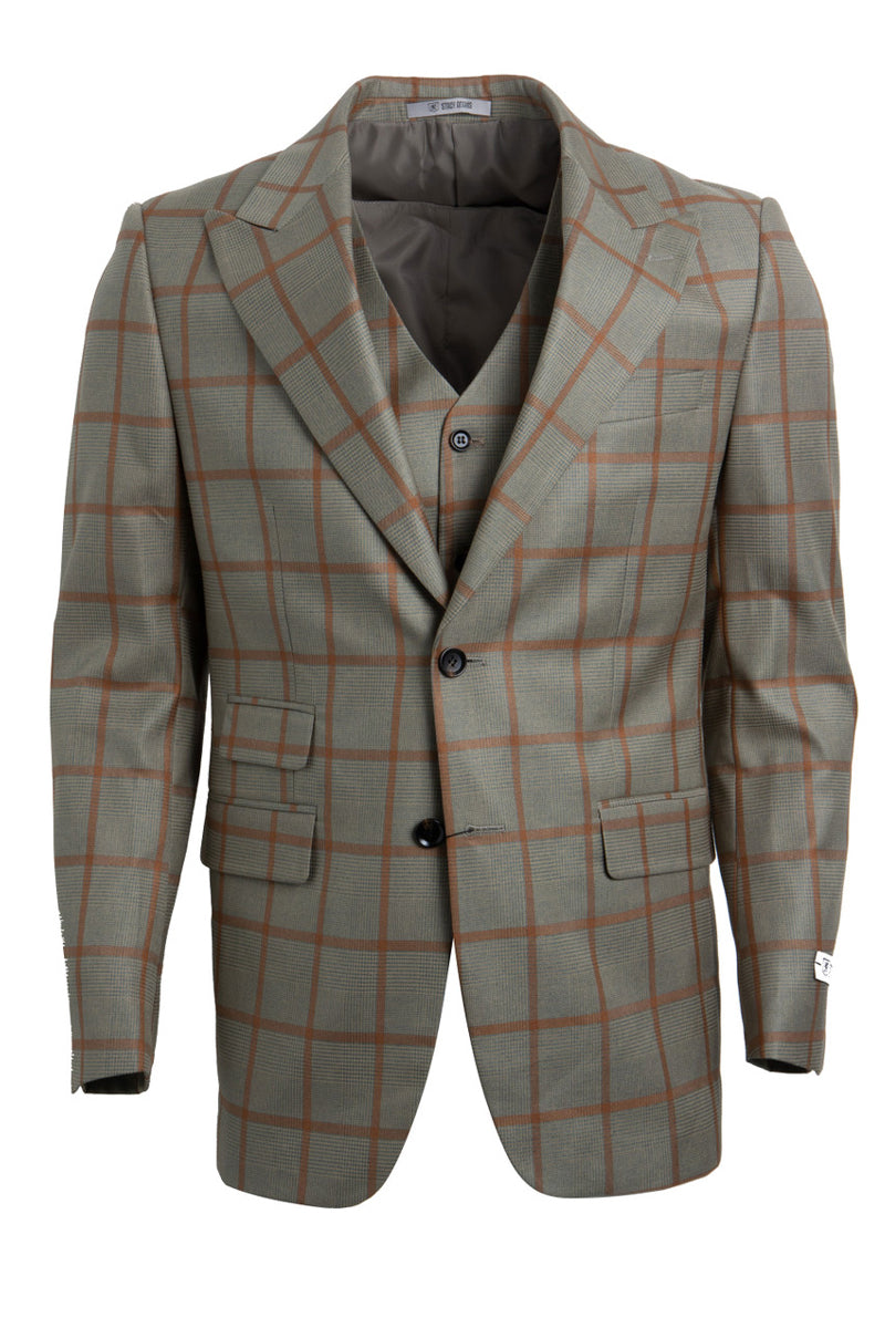 Men's Tan & Gold Windowpane Vested Suit by Stacy Adams