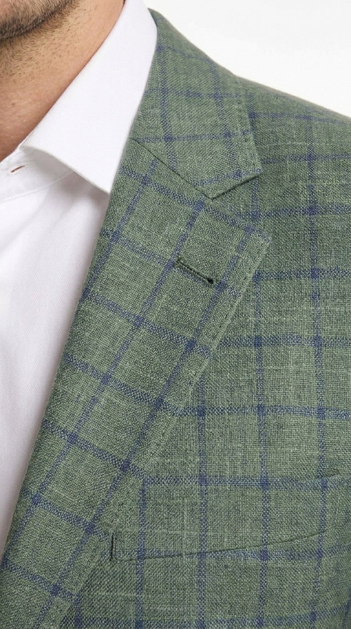 Men’s Sage Green Windowpane 2-Piece Suit – Modern Fit Plaid Wedding, Business and Formal Suit